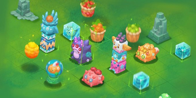 A colorful puzzle game scene featuring stacked totem-like creatures, ice blocks, and fruit baskets arranged on a green grid field.