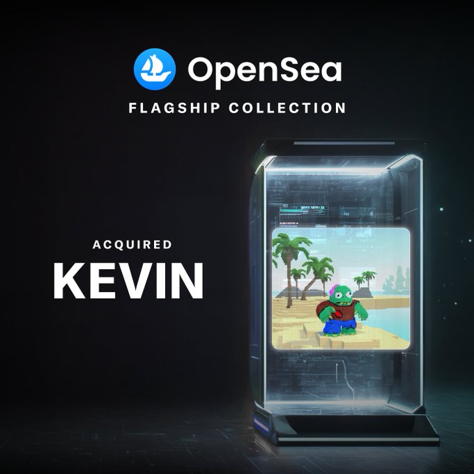 A stylized promotional graphic features the OpenSea logo and "FLAGSHIP COLLECTION" text at the top, with "ACQUIRED KEVIN" displayed on the left side. On the right, a futuristic glass display case showcases a pixelated green character from a tropical beach scene, representing the acquired Pixelmon NFT.