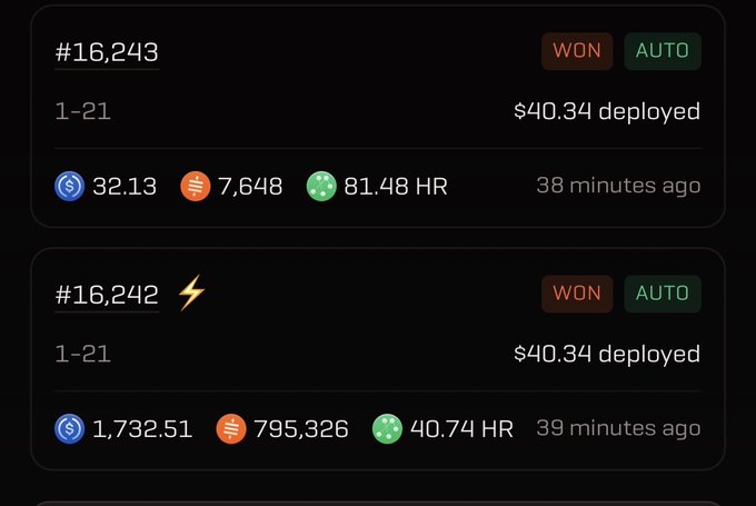 Crypto/gaming transaction history showing two completed (WON) auto-deposits of $40.34 each with stats like 32.13 SOL and 81.48 HR.