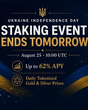 The image is a promotional graphic for a Ukraine Independence Day Staking Event ending on August 25 at 10:00 UTC, offering up to 62% APY and daily tokenized gold and silver prizes. While the accompanying post asks whether $XLM (Stellar) will reach $0.40 next month, the image itself doesn't reference XLM—it promotes a staking event with specific APY rates and prize offerings, unrelated to Stellar's price movement.