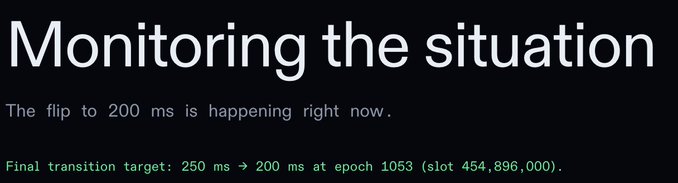 A dark status update screen reading "Monitoring the situation" with text "The flip to 200 ms is happening right now" and a green progress note: "Final transition target: 250 ms → 200 ms at epoch 1053 (slot 454,896,000)."