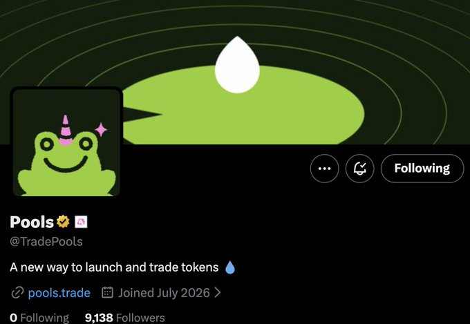 A Twitter/X profile page for "Pools (@TradePools)" with a frog mascot wearing a unicorn horn, describing itself as "A new way to launch and trade tokens" with 9,138 followers.