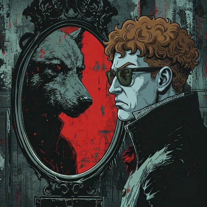 A stylized illustration of a person with curly hair and sunglasses looking into an ornate mirror, which reflects a wolf's face against a red background.