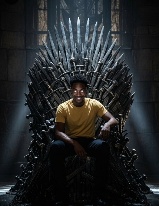 A photograph of a smiling young man in a yellow shirt sitting on a throne made of swords and weapons, resembling the Iron Throne from Game of Thrones, in a dark gothic setting.