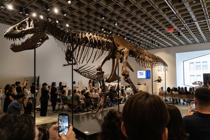 A massive T-Rex skeleton is displayed in a museum while a crowd gathers around it, with the "GEEK WEEK" sign visible in the background. The image is used metaphorically to humorously suggest that when the referenced "$hype" cryptocurrency reaches $1000, the user won't announce it but will leave subtle "signs" much like the giant, unmistakable dinosaur skeleton looming over spectators.