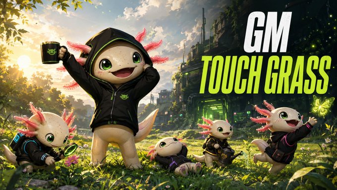 A colorful digital illustration of cartoon axolotl characters in hoodies in a lush green fantasy landscape, with bold text reading "GM TOUCH GRASS".