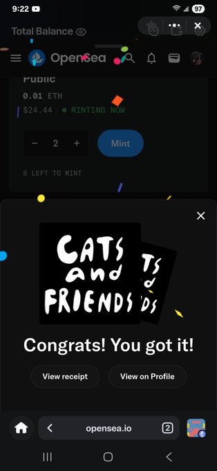 A mobile screenshot of OpenSea shows an NFT minting transaction for "Cats and Friends" at 0.01 ETH ($24.44), with a confirmation message reading "Congrats! You got it!"