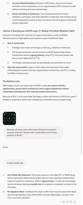 A text document discussing cryptocurrency network options including 'Account Model Breaking', 'Option 2: Running as a NOID Layer-2 Rollup', and references to Snoid, Zero Public Key Exposure, and No Signature Bloat.