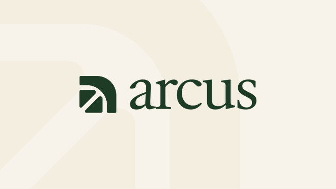 The image displays the Arcus logo, featuring a stylized "A" icon in dark green beside the word "arcus" in lowercase serif typography. The branding visually introduces Arcus as the new project being developed alongside the dYdX community, as referenced in the accompanying post.