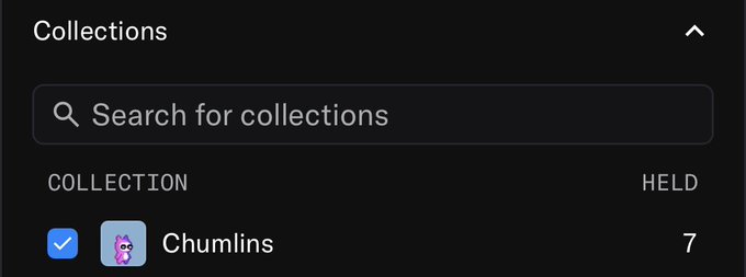 A screenshot of a "Collections" interface showing a "Chumlins" collection selected with a held count of 7, illustrating the required holding of 7 Chumlins NFTs to qualify for the 5000 item free mint drop from @unvault.