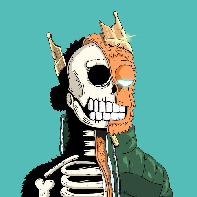 An illustrated skeleton character wearing a green jacket with the right side of its skull resembling a lion or beast with a crown, featuring a glowing cyan eye against a teal background.