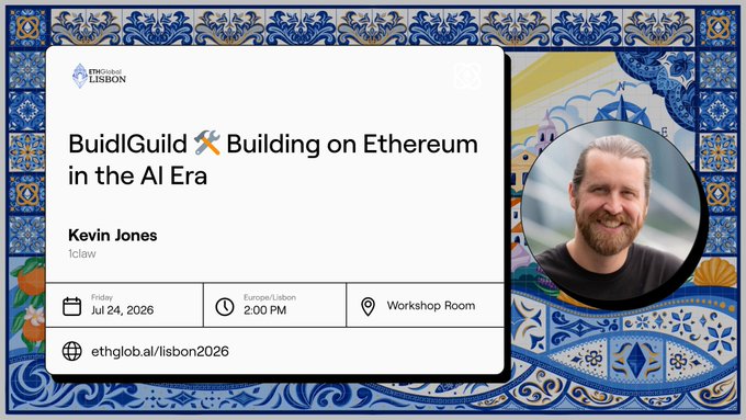 An event card for 'BuidlGuild: Building on Ethereum in the AI Era' featuring Kevin Jones (1claw) at ETHGlobal Lisbon on Friday, July 24, 2026, at 2:00 PM in the Workshop Room.