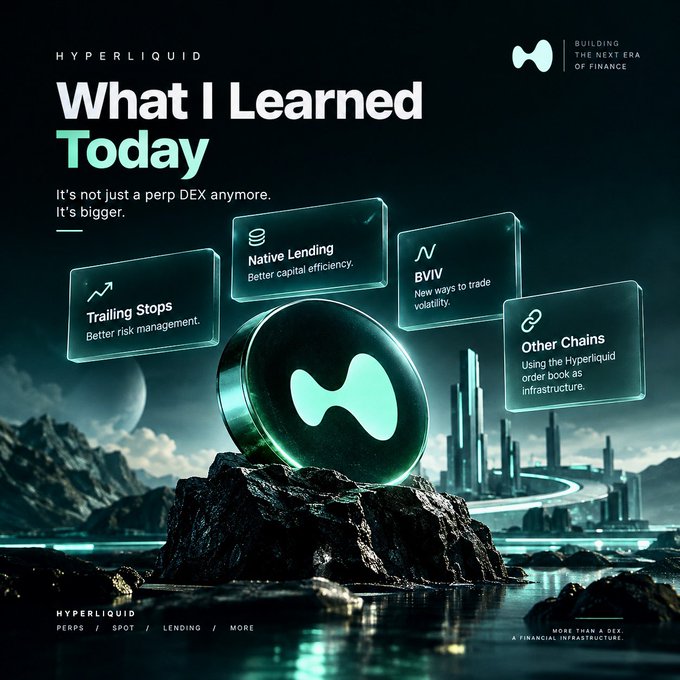 The image is a promotional graphic for Hyperliquid titled "What I Learned Today," highlighting that the platform has evolved beyond just a perp DEX with features including Trailing Stops (better risk management), Native Lending (better capital efficiency), BVIV (new ways to trade volatility), and integration with Other Chains, all centered around a glowing Hyperliquid logo on a futuristic rocky landscape.