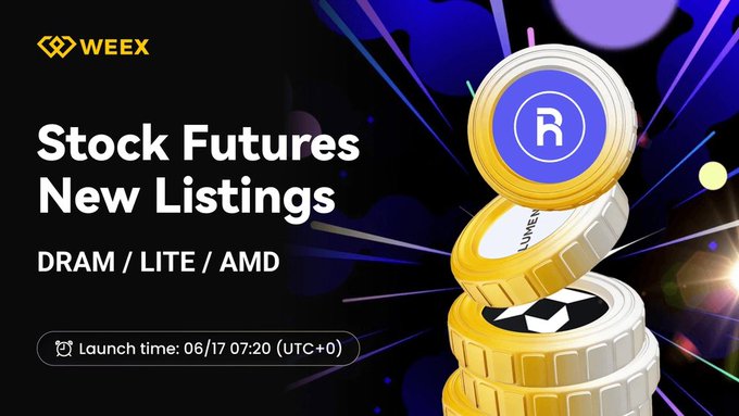 The image features a poster for a stock listing event, with a stack of gold coins on top of which sits a white coin labeled "R". The poster includes text that reads "Stock Futures New Listings" and "DRAM/LITE/AMD", as well as an event time and location.