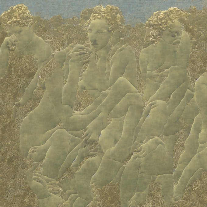 The image depicts a classical-style sculpture of three nude figures with curly hair, rendered in a textured gold tone that evokes the glimmer of mined ore. The golden aesthetic directly ties to the post's "Gold Mining" title, presented as a tokenized digital artwork now in the collector's possession.
