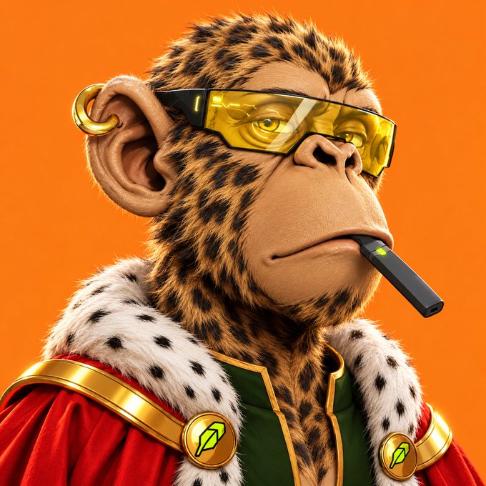 A 3D-rendered digital art image of an anthropomorphic cheetah wearing yellow-tinted wraparound sunglasses, holding a vape device in its mouth, and dressed in royal robes with fur trim and a leaf emblem.