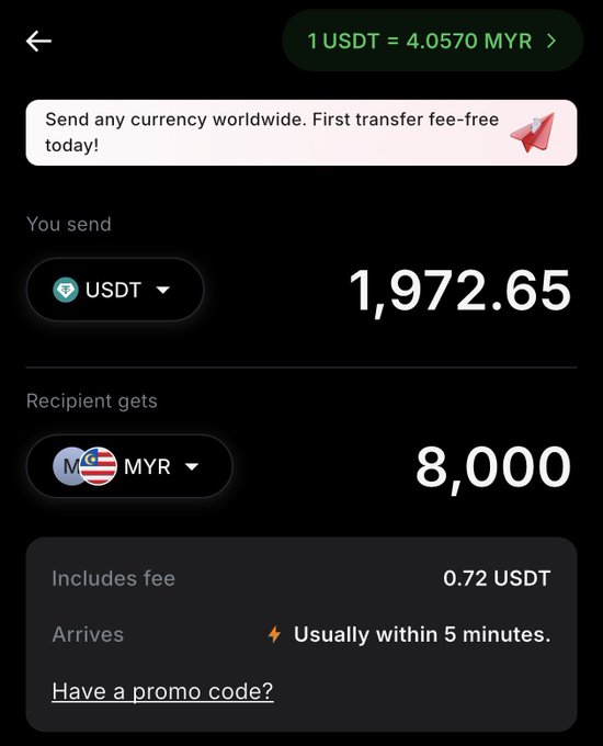A screenshot of the RedotPay app showing a USDT to MYR transfer screen, where sending 1,972.65 USDT results in 8,000 MYR with only a 0.72 USDT fee and an arrival time of usually within 5 minutes. This visually confirms the post's claim of dramatically reduced remittance fees, illustrating that nearly $2,000 can be transferred to Malaysia for under a dollar.