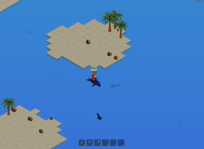 A player with red wings and a pet labeled "Cracked" flies over blue water toward a sandy island with palm trees and rocks, showcasing the open-world exploration in the Solana game Chainera ($CERA). The inventory bar at the bottom displays tools and weapons, hinting at upcoming loot and mount features teased in the post.