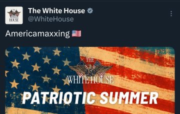 A screenshot of a verified tweet from The White House (@WhiteHouse) reading "Americaxxxing 🇺🇸" above a "PATRIOTIC SUMMER" graphic featuring an eagle emblem and weathered American flag, promoting the $AMERICA token mentioned in the post as part of a PolitiFi narrative tied to midterms and patriotic themes.