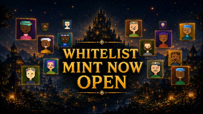 The post is a promotional image announcing that a whitelist mint is now open for an NFT project, featuring pixel-art character portraits displayed against a fantasy castle backdrop with the bold golden text "WHITELIST MINT NOW OPEN" centered in the design. The image visually reinforces the post's call to action, emphasizing urgency ("24 hours") and accessibility (free mint requiring only gas on Robinhood Chain) through the inviting "gates are open" theme echoed by the glowing castle imagery.