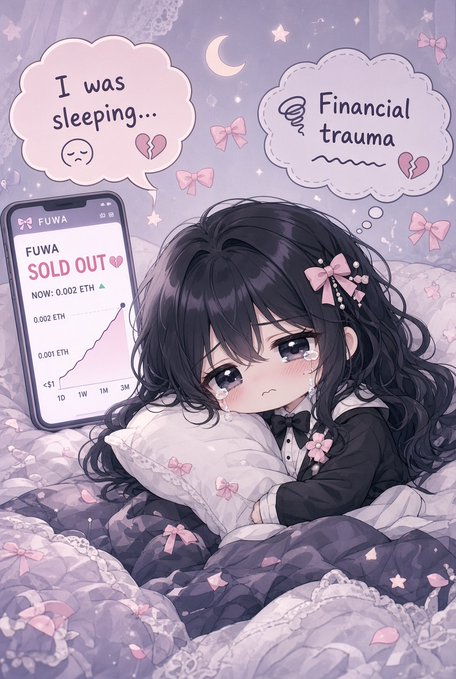 A sad anime-style girl clutches a pillow in bed, teary-eyed, as her phone displays a FUWA price chart showing the token "SOLD OUT 💔" at "0.002 ETH," while thought bubbles above her read "I was sleeping..." and "Financial trauma," capturing the post's lament of waking up to $FUWA unexpectedly mooning from under a dollar to 0.02 ETH.