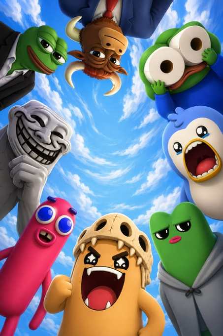 A group of colorful 3D animated cartoon characters arranged in a circle against a blue sky background, including a trollface, a green frog-like character, and a central yellow character wearing a skull hat.