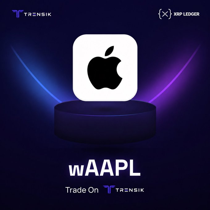 A promotional graphic for the 'wAAPL' token featuring an Apple logo, with 'TRANSIK' and 'XRP LEDGER' logos at the top and the text 'Trade On TRANSIK' at the bottom.