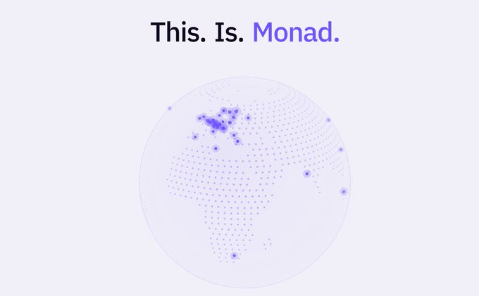 The image shows a stylized globe made of purple dots with the text "This. Is. Monad." above it, visually branding Monad's global validator network. The graphic reinforces the post's point about Monad's L1 scaling capabilities and its upcoming Cadence upgrade, emphasizing the network's worldwide distribution of validators achieving ~100ms blocks and ~200ms finality.