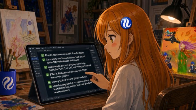 An anime-style image showing a girl with long orange hair looking at a tablet displaying a checklist of SEC Transfer Agent and financial compliance items, with the Injective (INJ) logo visible.