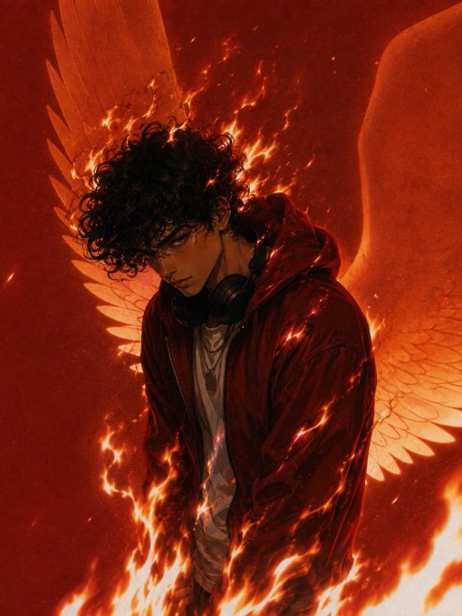 A young man with curly black hair and headphones around his neck stands with his head bowed, wearing a dark jacket over a white shirt, surrounded by fiery orange flames and large angel wings spreading behind him. The image pairs with the post's "gud morin" greeting, fitting a casual NFT-purchase theme with its dramatic, fiery aesthetic suggesting a "rising from the ashes" or angelic investment moment.
