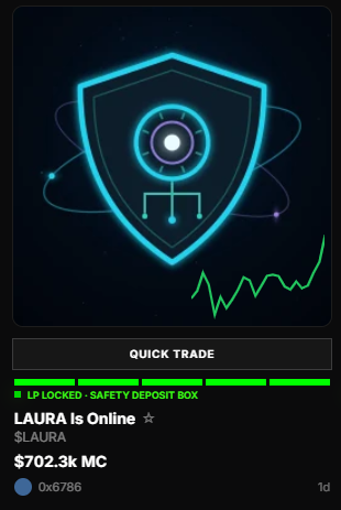 A digital interface shows a glowing teal shield icon with a 'QUICK TRADE' button, displaying the username 'LAURA' with a balance of $702.3k MC and the status 'LP LOCKED - SAFETY DEPOSIT BOX'.
