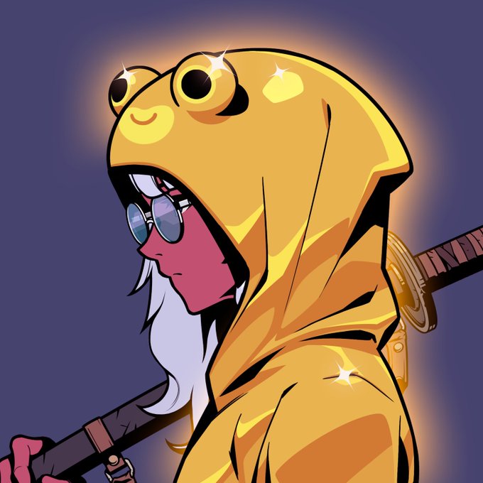 An anime-style illustration of a character with white hair, sunglasses, and a yellow frog-themed hooded cloak, holding a katana.