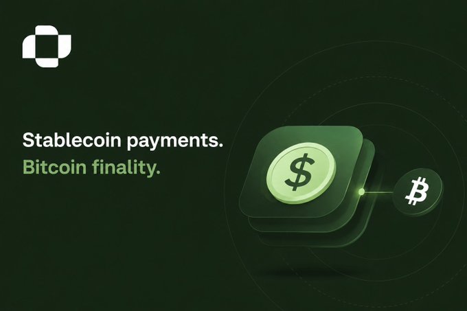 A dark green promotional graphic for Utexo displays the tagline "Stablecoin payments. Bitcoin finality." alongside an illustration of a green dollar-sign coin layered over card-like icons, connected by a line to a Bitcoin symbol—visually representing the platform's bridge between stablecoin transactions and Bitcoin's settlement security.