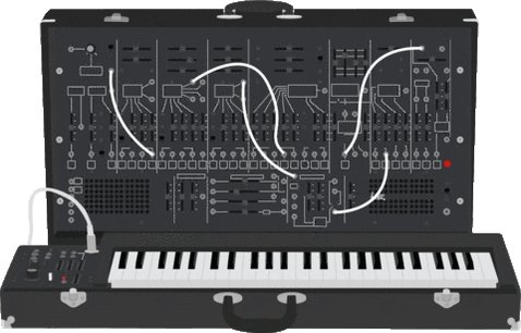 A Korg MS-20 mini analog synthesizer case featuring the iconic black and white patch cable graphic design on the lid, displayed with its keyboard and control panel visible.