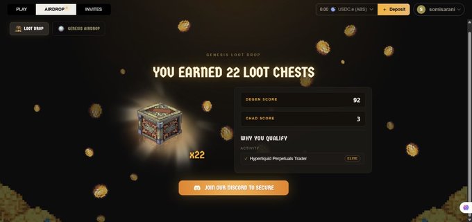 Screenshot of a 'GENESIS LOOT DROP' interface showing 'YOU EARNED 22 LOOT CHESTS', a Genesis Score of 92, and Chad Score of 3.