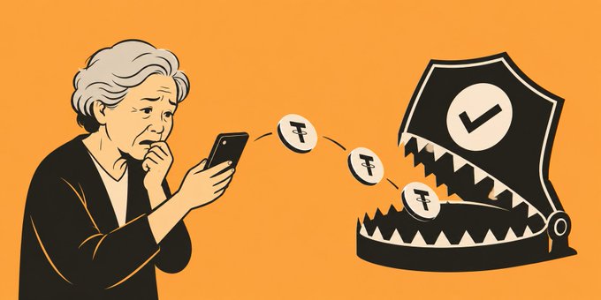 An elderly woman looks anxiously at her smartphone as currency symbols fly toward a menacing bear trap marked with a checkmark, symbolizing a crypto scam in Hong Kong that used fake "anti-money laundering" verification to defraud victims of nearly $3 million by exploiting their fear of being falsely accused.