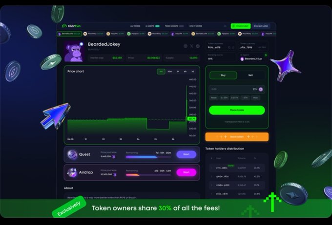 The image shows a computer screen displaying a website called @clarnium_io focused on farming xCLAR. The website has a green background with purple text that reads "Morning lot of people join @clarnium_io focused on farming xCLAR. Nothing wrong with that. But I think one of the most underrated parts of the ecosystem is Alpha DAO". This post seems to be discussing the importance of early detection and discovery in the crypto world, specifically regarding a particular cryptocurrency called xCLAR. The image also includes various coins scattered around it, which could potentially be related to the discussion about mining or investing in cryptocurrencies.