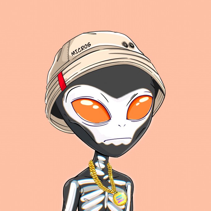 This NFT features an alien with a bucket hat labeled "MICROS" and a gold chain with a coin pendant. The post "Make NFTs great again" suggests this image represents a renewed sense of excitement and value in the NFT space.