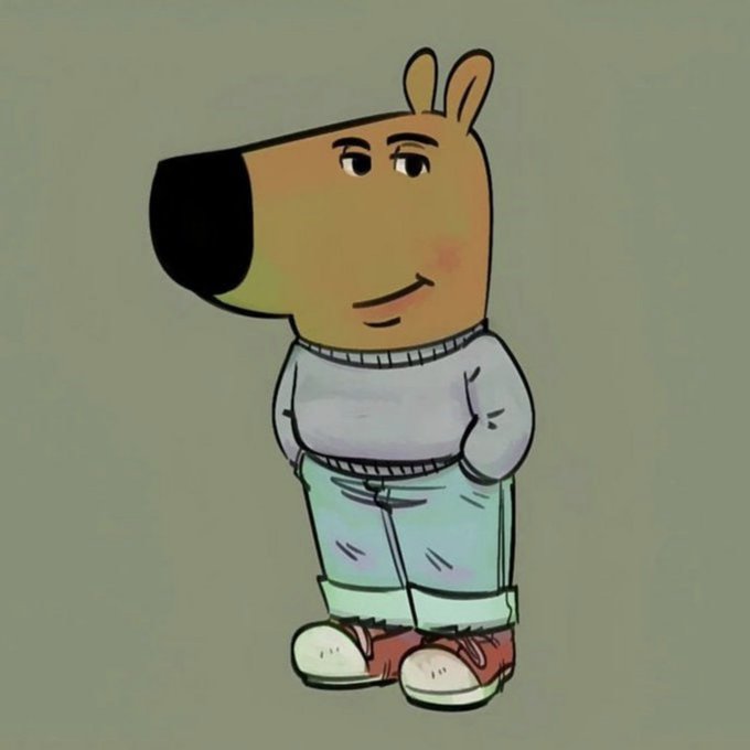 An illustration of an anthropomorphic dog-like cartoon character wearing a white sweater, teal pants, and sneakers, standing against a green background.