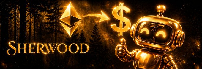 A promotional banner featuring the text "SHERWOOD" alongside the Ethereum logo, a dollar sign, and a golden robot character in a dark forest setting.