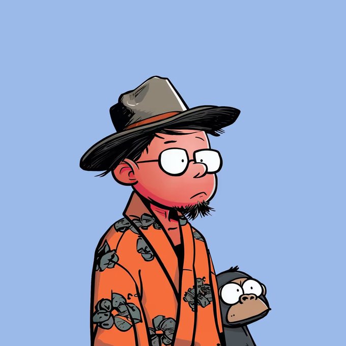 A cartoon illustration of a man wearing a wide-brimmed hat, glasses, and an orange floral Hawaiian shirt, holding a small black monkey on a blue background.