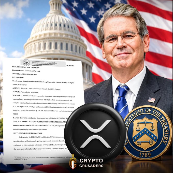 A composite image featuring a man in a suit against the US Capitol and flag, a Treasury Department notice about FinCEN NPRM regarding convertible virtual currency, an XRP/X logo, and the Crypto Crusaders branding.