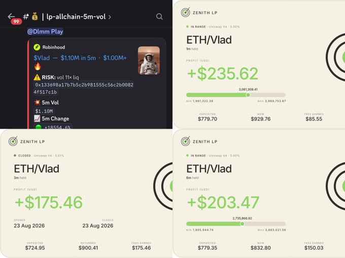 A Discord user shares three Zenith LP positions on ETH/Vlad pairs, showing profits of +$235.62 (1m held), +$203.47 (5m held), and a closed position with +$175.46, alongside a promotional message highlighting "$110M in 5m" liquidity metrics for the $VLAD token.