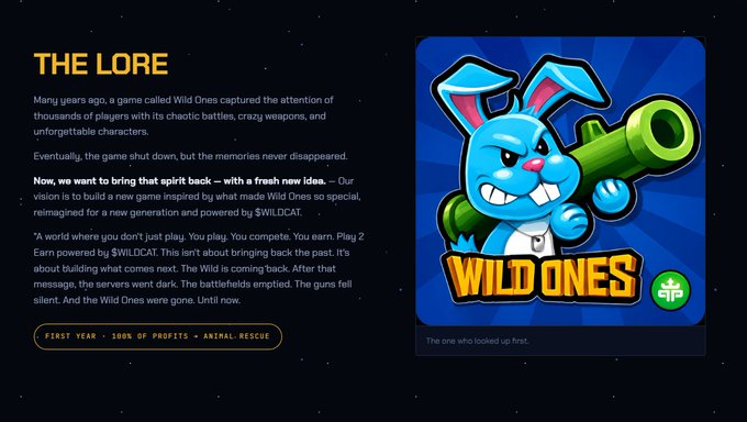A webpage titled 'THE LORE' describing a spiritual successor to Wild Ones, featuring a blue bunny character holding a green cannon with the 'WILD ONES' logo and the tagline 'The one who looked up first.'