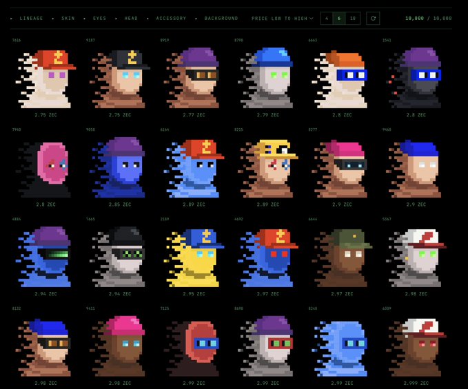 A grid displaying various pixel-art character head NFTs with different 'LINEAGE', 'SKIN', 'EYES', 'HEAD', 'ACCESSORY', and 'BACKGROUND' traits, priced in 'ZEC' (Zcash) with prices ranging from 2.75 to 2.999 ZEC.