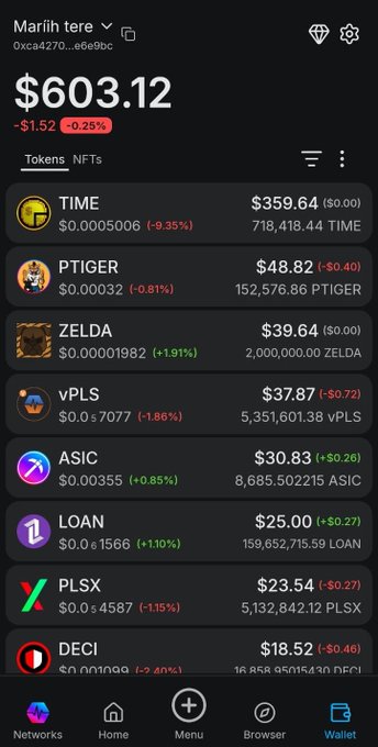 A crypto wallet screenshot labeled "Mariah tere" displays a total portfolio value of $603.12 (-$1.52, -0.25%), with tokens including TIME ($359.64), PTIGER ($48.82), ZELDA ($39.64), vPLS ($37.87), ASIC ($30.83), LOAN ($25.00), PLSX ($23.54), and DECI ($18.52), illustrating the holdings the user is seeking advice on rebalancing or managing.