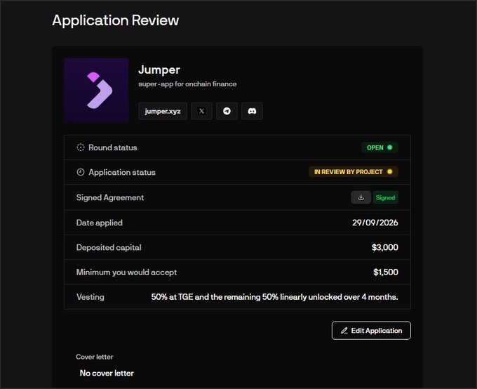 An Application Review screen for 'Jumper,' described as a 'super-app for onchain finance' at jumper.xyz, showing status as 'OPEN' and 'IN REVIEW BY PROJECT,' with $3,000 deposited capital, a $1,500 minimum acceptance, and a vesting schedule of 50% at TGE plus 50% linear over 4 months.