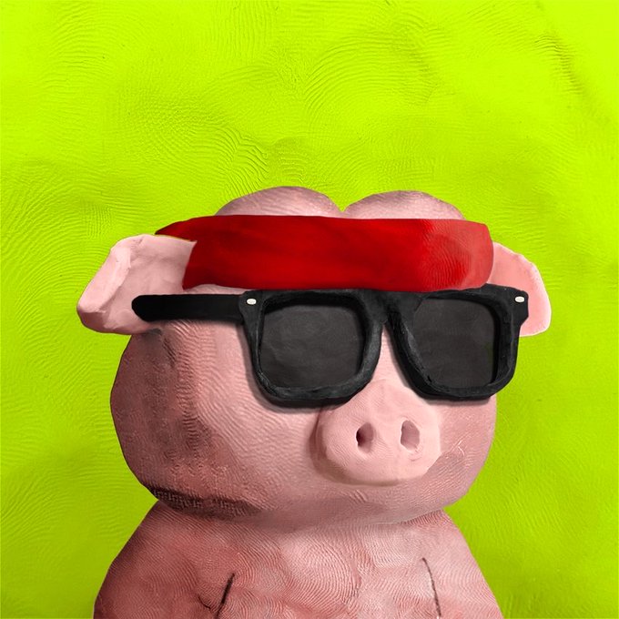 A claymation-style pink pig wearing black sunglasses and a red headband is centered against a textured bright green background.