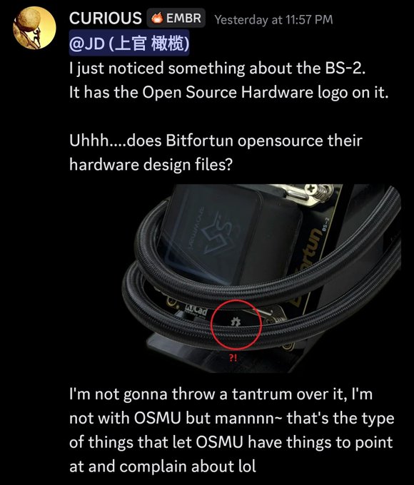 A Discord message from "CURIOUS" notes that a Bitfortun BS-2 has the Open Source Hardware logo on it, questioning whether Bitfortun actually open-sources their hardware design files, with a red circle highlighting the logo on the device's packaging.