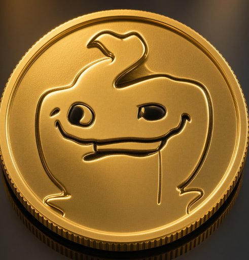 A close-up 3D rendering of a gold coin featuring a cartoonish creature design embossed on its surface.